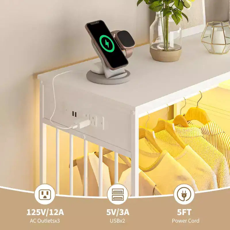Commode 6 tiroirs avec tringle, station de recharge, lumières LED et range-chaussures, hauteur 125 cm