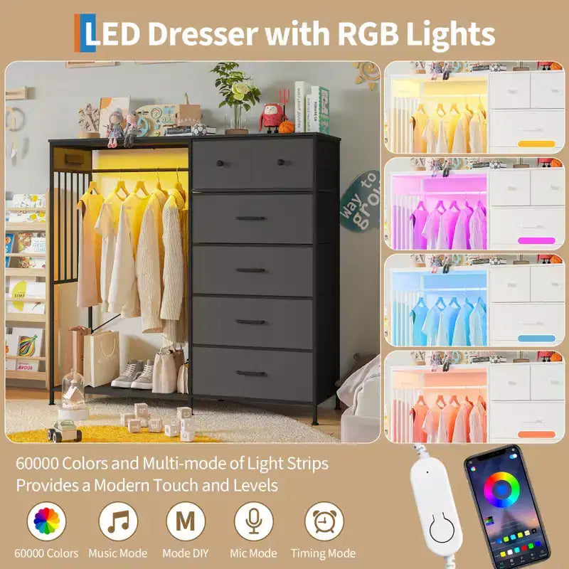 Commode 6 tiroirs avec tringle, station de recharge, lumières LED et range-chaussures, hauteur 125 cm