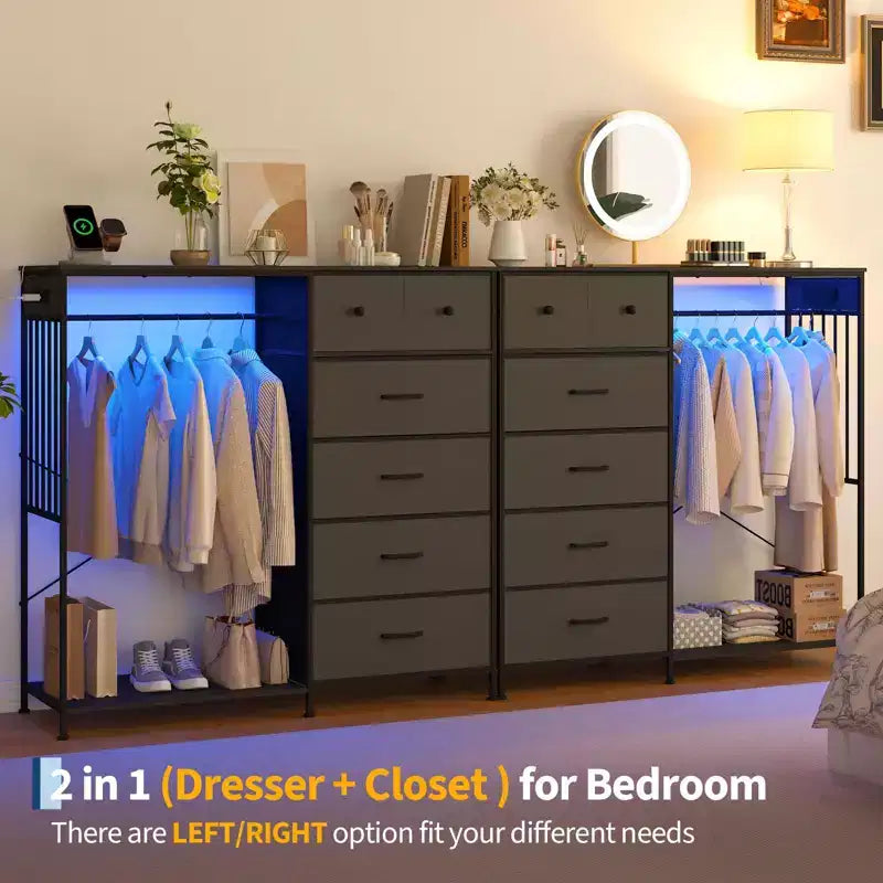 Commode 6 tiroirs avec tringle, station de recharge, lumières LED et range-chaussures, hauteur 125 cm