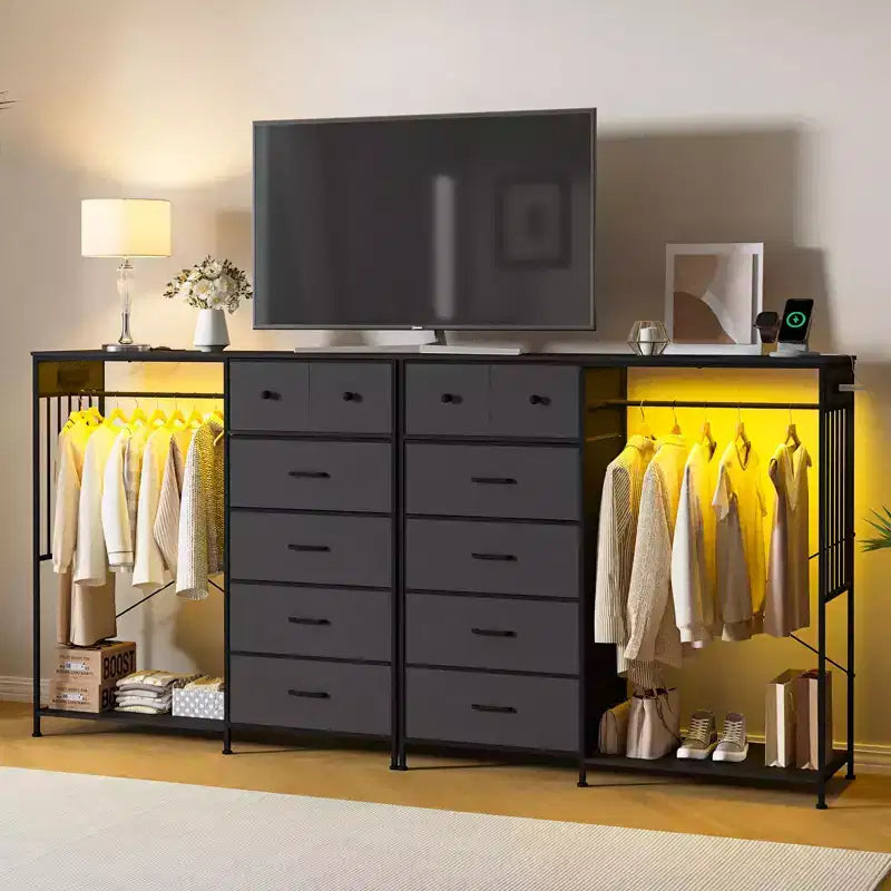 Commode 6 tiroirs avec tringle, station de recharge, lumières LED et range-chaussures, hauteur 125 cm