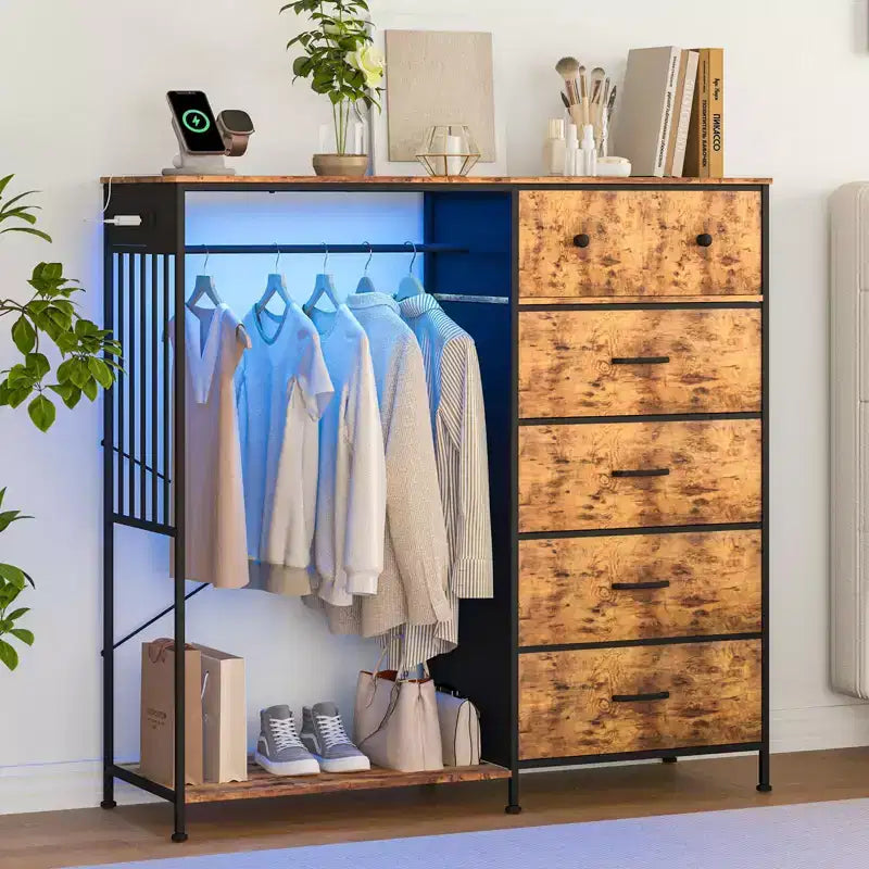 Commode 6 tiroirs avec tringle, station de recharge, lumières LED et range-chaussures, hauteur 125 cm