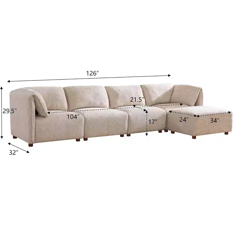 Canapé d'angle moderne en bouclette de 320 cm à 5 places avec ottoman, mousse haute densité et cadre en bois massif