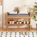 Banc à chaussures d'entrée en bambou avec rangement à rabat, coussin rembourré et étagère à chaussures à 2 niveaux