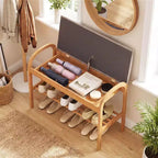 Banc à chaussures d'entrée en bambou avec rangement à rabat, coussin rembourré et étagère à chaussures à 2 niveaux