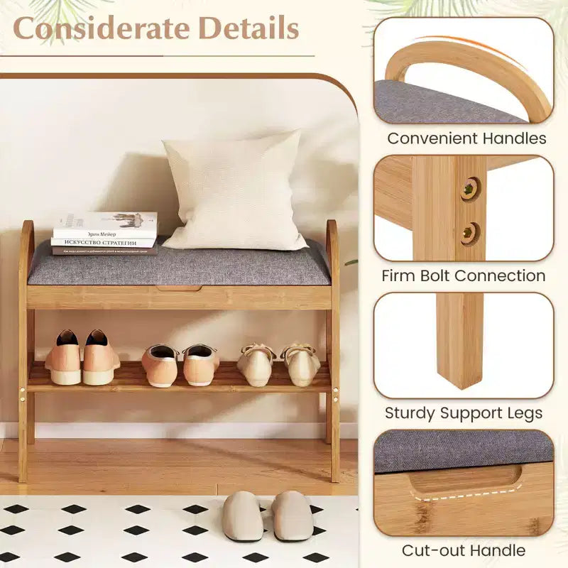 Banc à chaussures d'entrée en bambou avec rangement à rabat, coussin rembourré et étagère à chaussures à 2 niveaux