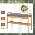 Banc à chaussures d'entrée en bambou avec rangement à rabat, coussin rembourré et étagère à chaussures à 2 niveaux