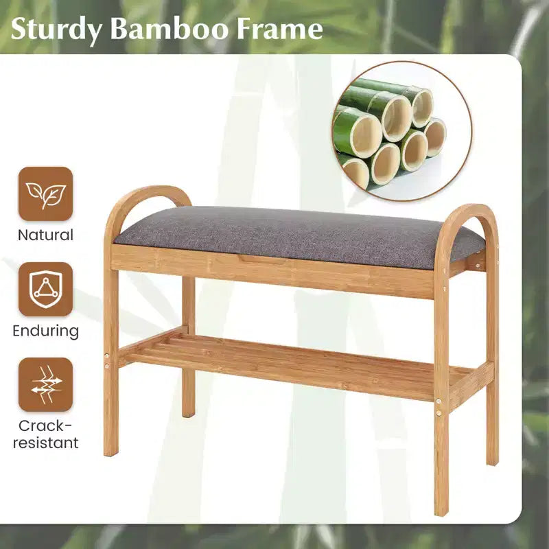 Banc à chaussures d'entrée en bambou avec rangement à rabat, coussin rembourré et étagère à chaussures à 2 niveaux