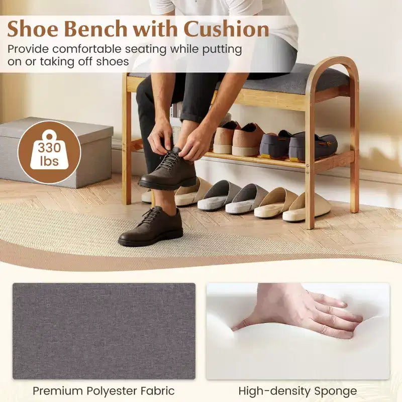 Banc à chaussures d'entrée en bambou avec rangement à rabat, coussin rembourré et étagère à chaussures à 2 niveaux