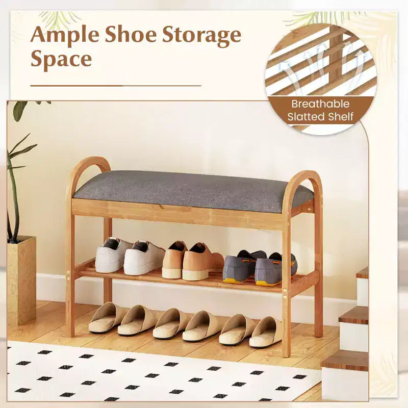 Banc à chaussures d'entrée en bambou avec rangement à rabat, coussin rembourré et étagère à chaussures à 2 niveaux