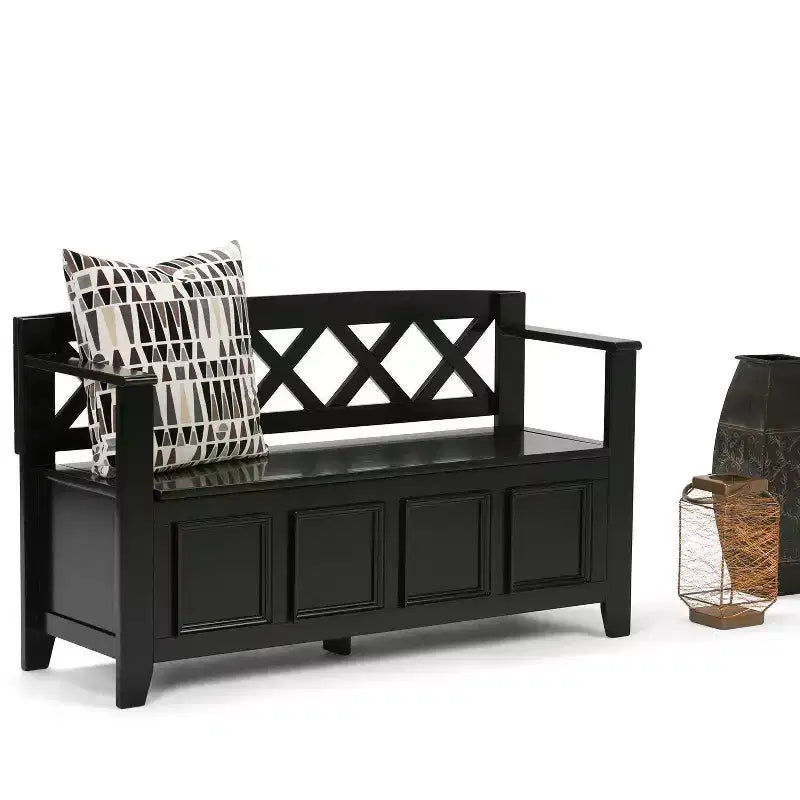 Banc de rangement d'entrée en bois massif de 48 pouces avec couvercle relevable et compartiment caché
