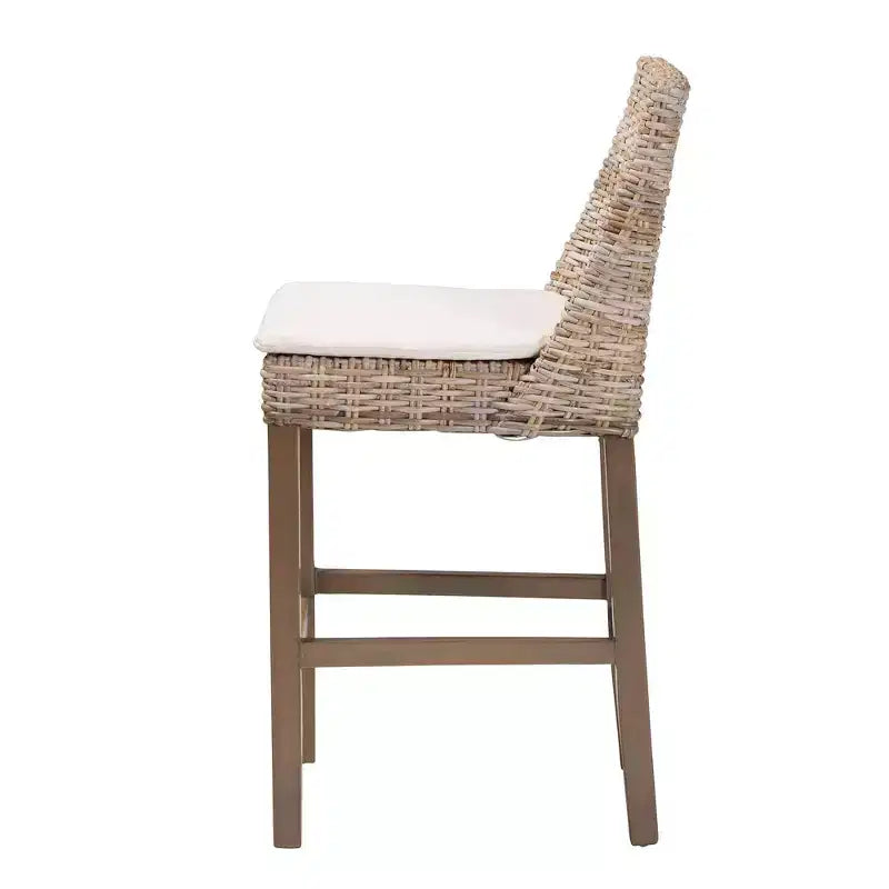 Tabouret de comptoir en rotin et acajou avec coussin amovible et repose-pieds, style bohème, 46 x 97 cm (H)