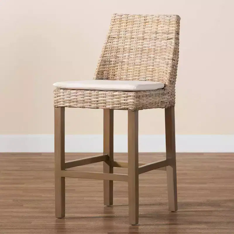 Tabouret de comptoir en rotin et acajou avec coussin amovible et repose-pieds, style bohème, 46 x 97 cm (H)