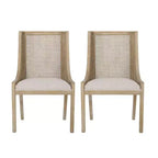 Lot de 2 chaises de salle à manger capitonnées en canne et bois, cadre en hévéa, beige/naturel, 136 kg