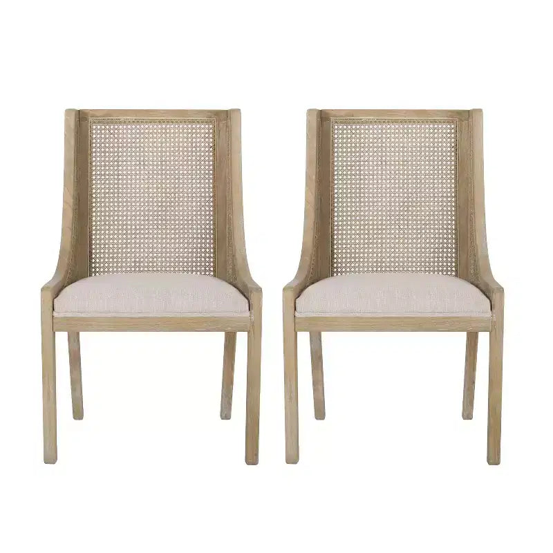 Lot de 2 chaises de salle à manger capitonnées en canne et bois, cadre en hévéa, beige/naturel, 136 kg