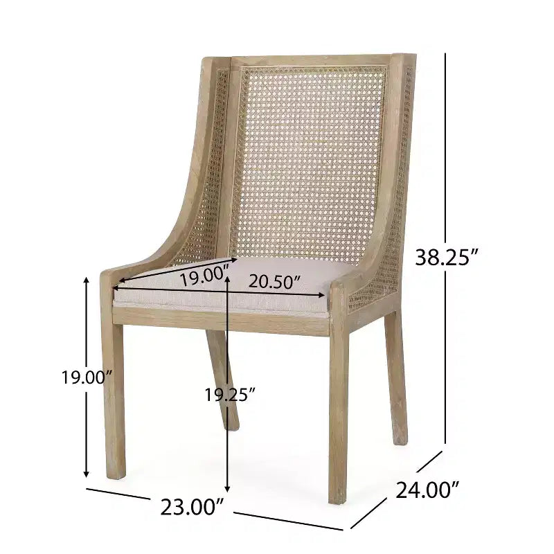 Lot de 2 chaises de salle à manger capitonnées en canne et bois, cadre en hévéa, beige/naturel, 136 kg