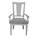 Chaise de salle à manger en lin gris clair avec accoudoirs, dossier à lattes, cadre en bois blanc vieilli, 106,7 cm H