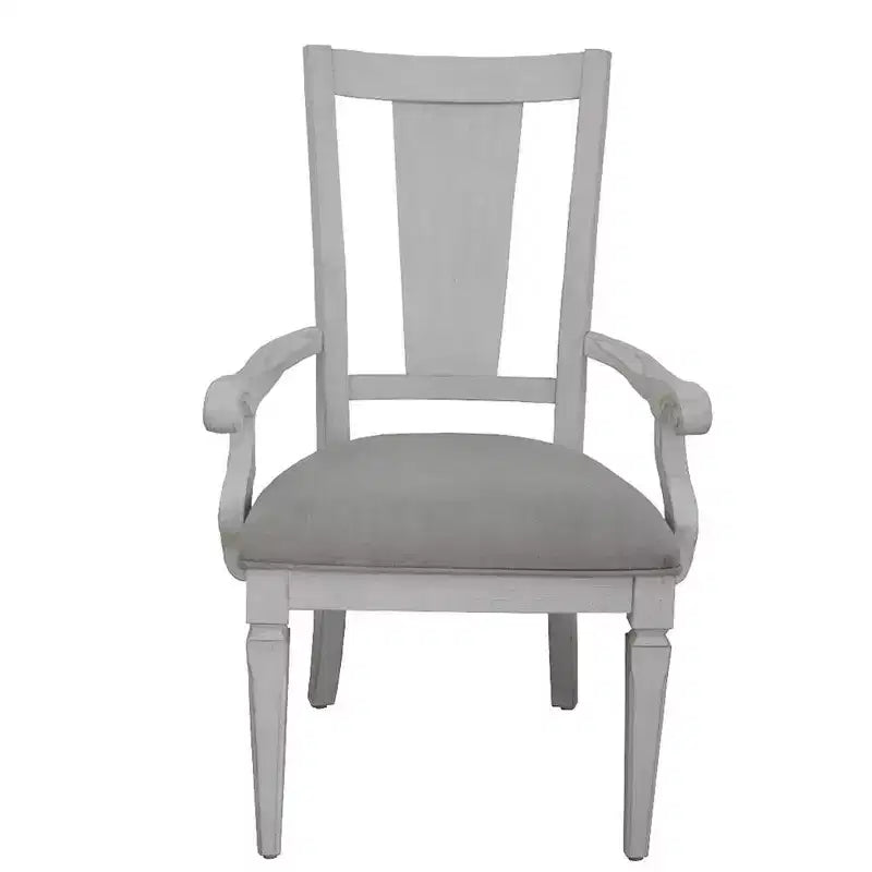 Chaise de salle à manger en lin gris clair avec accoudoirs, dossier à lattes, cadre en bois blanc vieilli, 106,7 cm H