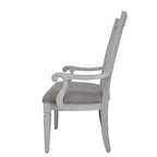 Chaise de salle à manger en lin gris clair avec accoudoirs, dossier à lattes, cadre en bois blanc vieilli, 106,7 cm H