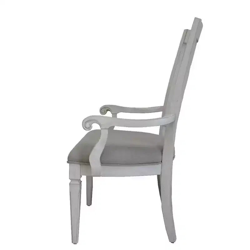 Chaise de salle à manger en lin gris clair avec accoudoirs, dossier à lattes, cadre en bois blanc vieilli, 106,7 cm H