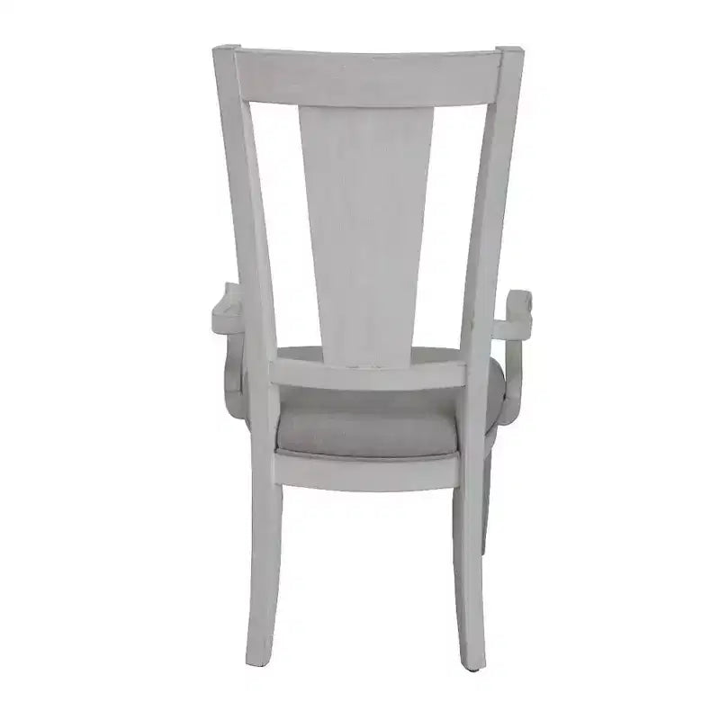 Chaise de salle à manger en lin gris clair avec accoudoirs, dossier à lattes, cadre en bois blanc vieilli, 106,7 cm H