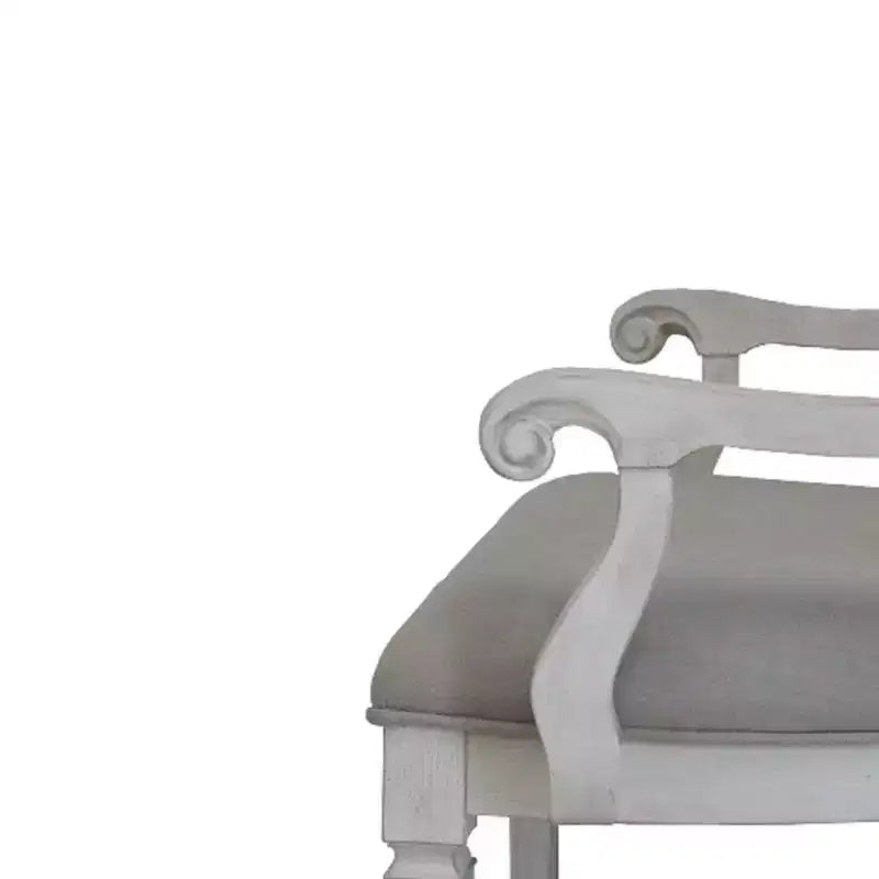 Chaise de salle à manger en lin gris clair avec accoudoirs, dossier à lattes, cadre en bois blanc vieilli, 106,7 cm H