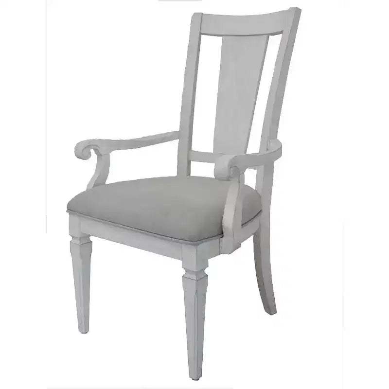 Chaise de salle à manger en lin gris clair avec accoudoirs, dossier à lattes, cadre en bois blanc vieilli, 106,7 cm H