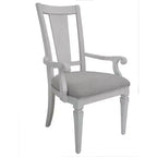 Chaise de salle à manger en lin gris clair avec accoudoirs, dossier à lattes, cadre en bois blanc vieilli, 106,7 cm H