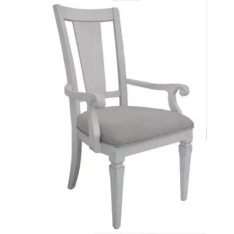 Chaise de salle à manger en lin gris clair avec accoudoirs, dossier à lattes, cadre en bois blanc vieilli, 106,7 cm H