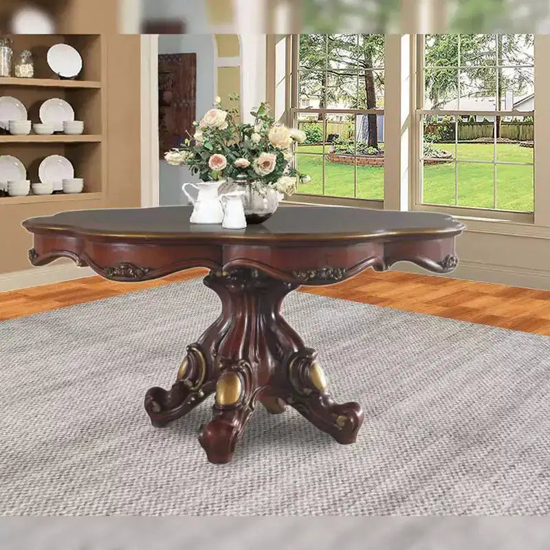 Table à manger ronde, finition chêne miel, pied central, 4 places, 157 cm de diamètre