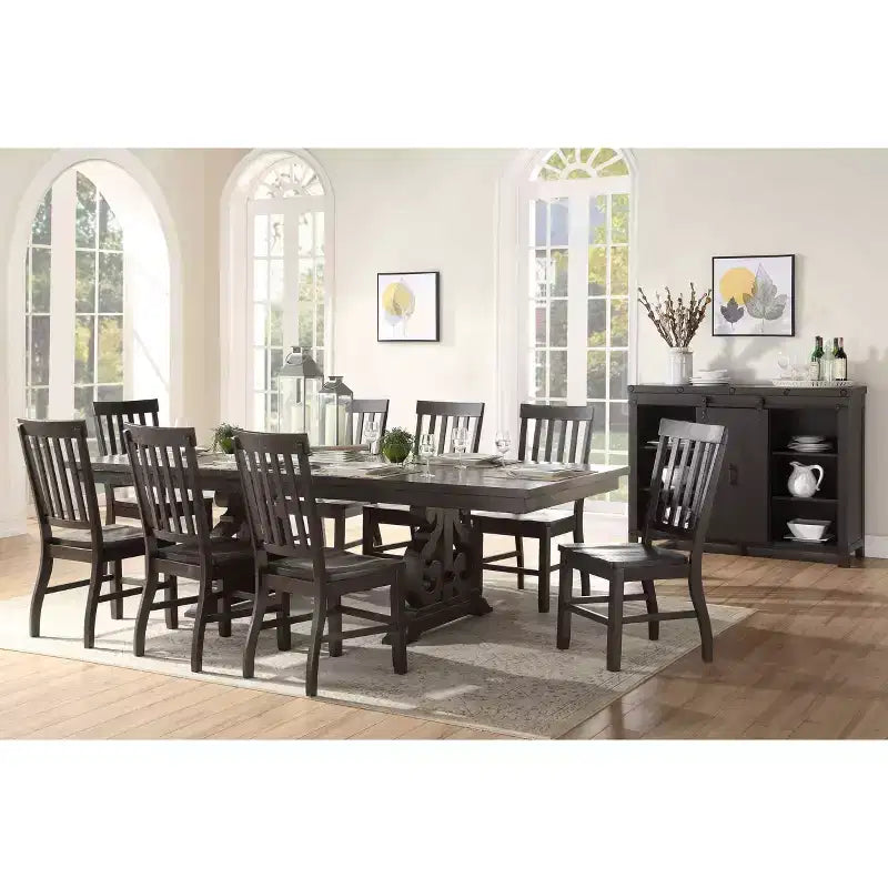 Table à manger rectangulaire 104", finition noyer rustique, piédestal double, pour 8 personnes