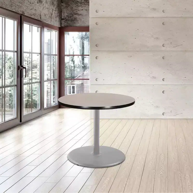 Table de salle à manger ronde de 76 cm, base piédestal en acier gris, plateau stratifié gris Nebula, 4 places
