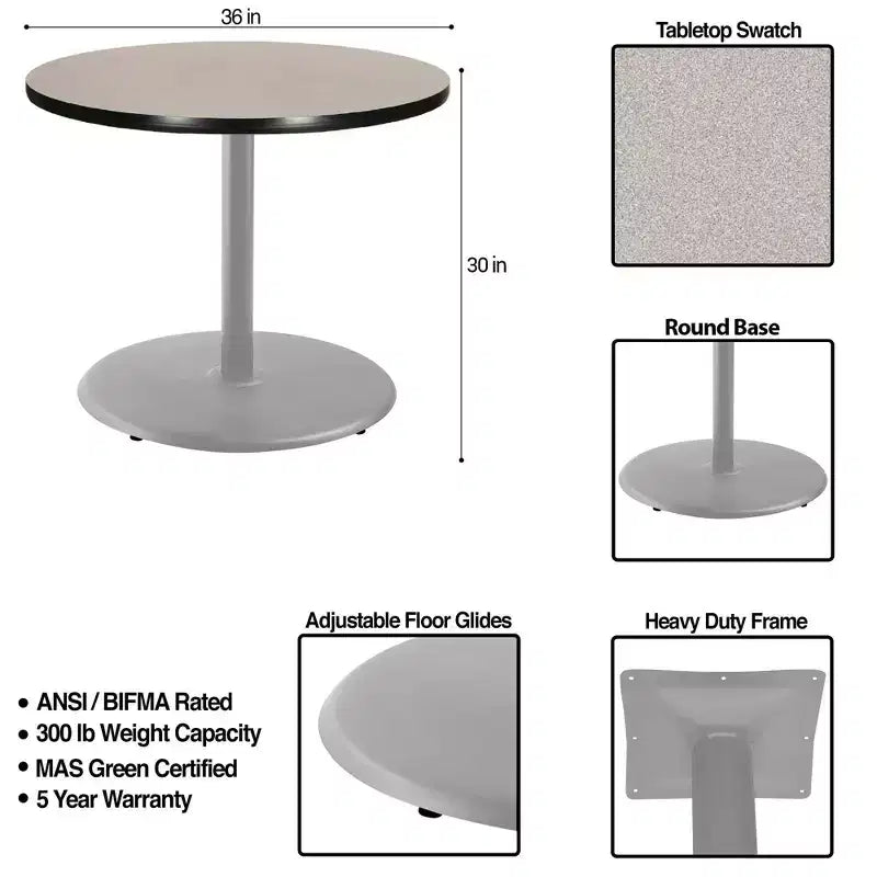 Table de salle à manger ronde de 76 cm, base piédestal en acier gris, plateau stratifié gris Nebula, 4 places