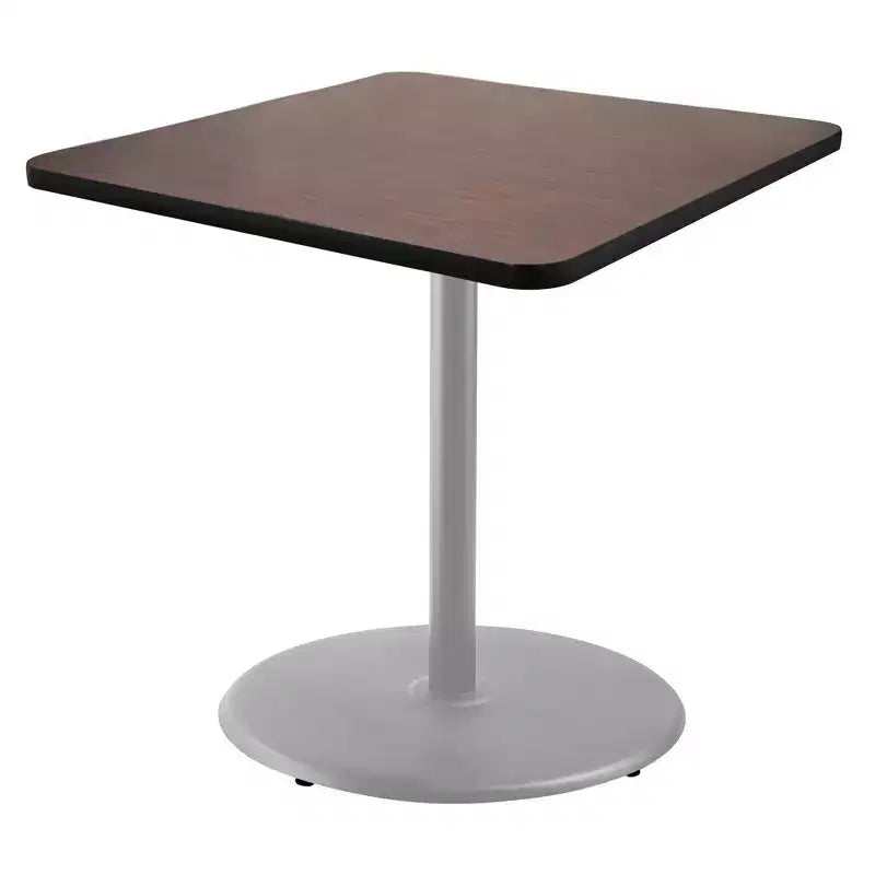 Table de salle à manger carrée 36", piètement en acier gris, plateau stratifié acajou, 4 places