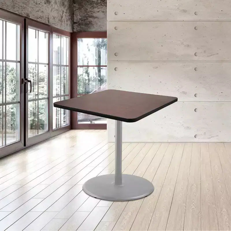 Table de salle à manger carrée 36", piètement en acier gris, plateau stratifié acajou, 4 places