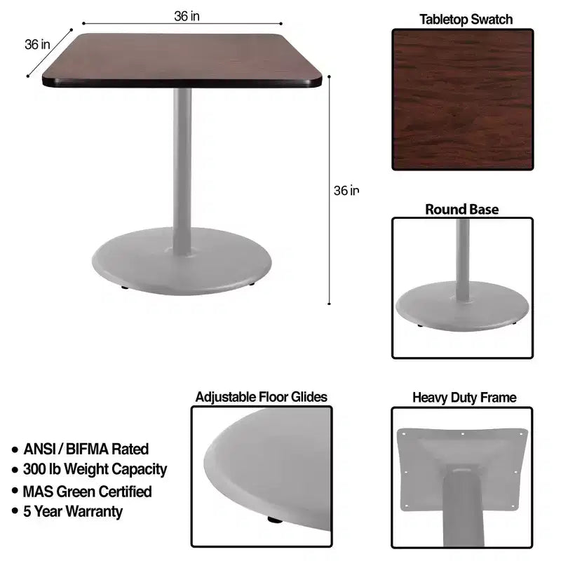 Table de salle à manger carrée 36", piètement en acier gris, plateau stratifié acajou, 4 places