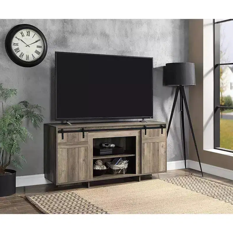 Meuble TV 60" pour téléviseurs jusqu'à 60", finition gris délavé, étagères ouvertes et gestion des câbles