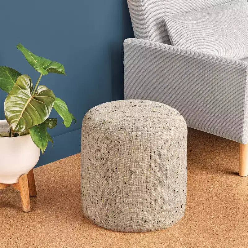 Pouf ottoman rond moucheté, polyester recyclé et coton, rembourrage en polystyrène, beige, 40 x 40 cm