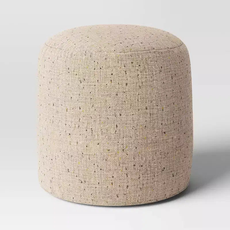 Pouf ottoman rond moucheté, polyester recyclé et coton, rembourrage en polystyrène, beige, 40 x 40 cm