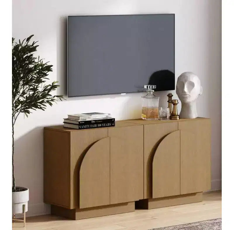 Ensemble de 2 tables consoles voûtées en bois avec portes et étagères réglables, marron, 63"x17"x30"
