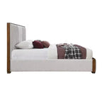 Lit plateforme King, beige, rembourrage en chenille, fini noyer, tête de lit capitonnée