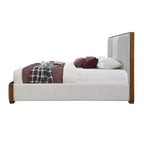 Lit plateforme King, beige, rembourrage en chenille, fini noyer, tête de lit capitonnée