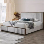 Lit plateforme King, beige, rembourrage en chenille, fini noyer, tête de lit capitonnée