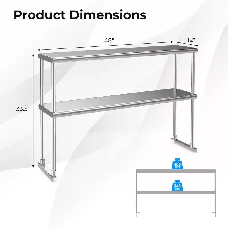 Table en acier inoxydable Costway avec étagères supérieures, table de travail 48'' X 24'' avec étagère 48'' X 12''