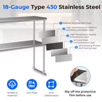 Table en acier inoxydable Costway avec étagères supérieures, table de travail 48'' X 24'' avec étagère 48'' X 12''