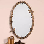 Miroir mural ovale, cadre en fer gris et feuille d'or antique, motif oiseaux amoureux et vignes, 23"x34"