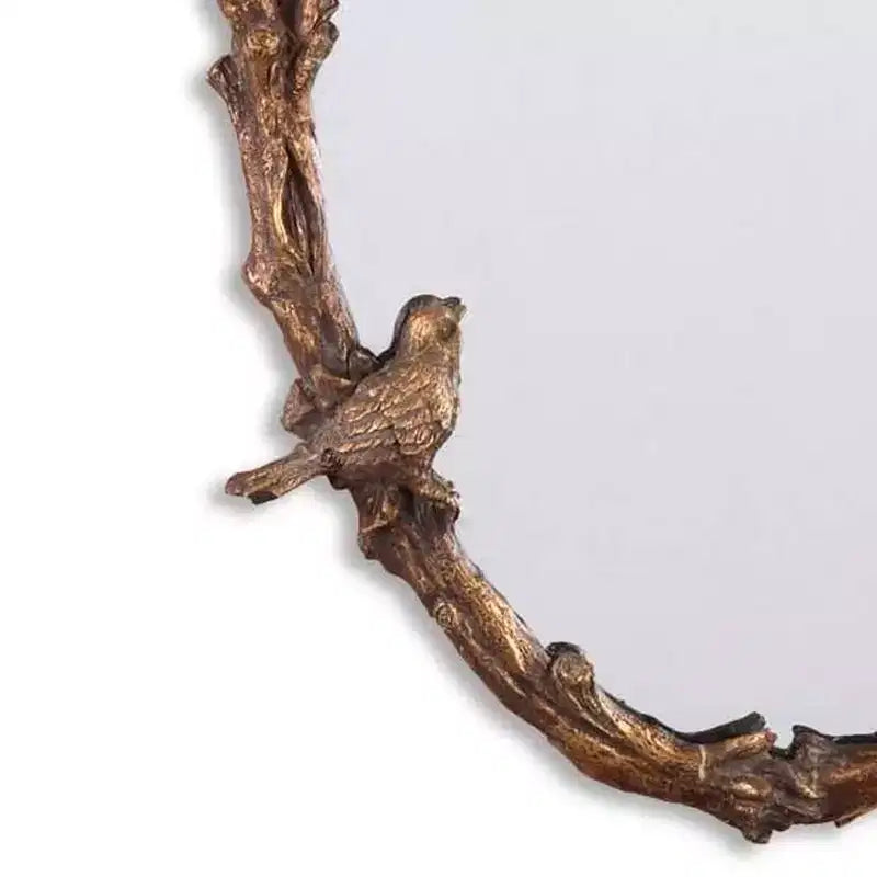 Miroir mural ovale, cadre en fer gris et feuille d'or antique, motif oiseaux amoureux et vignes, 23"x34"