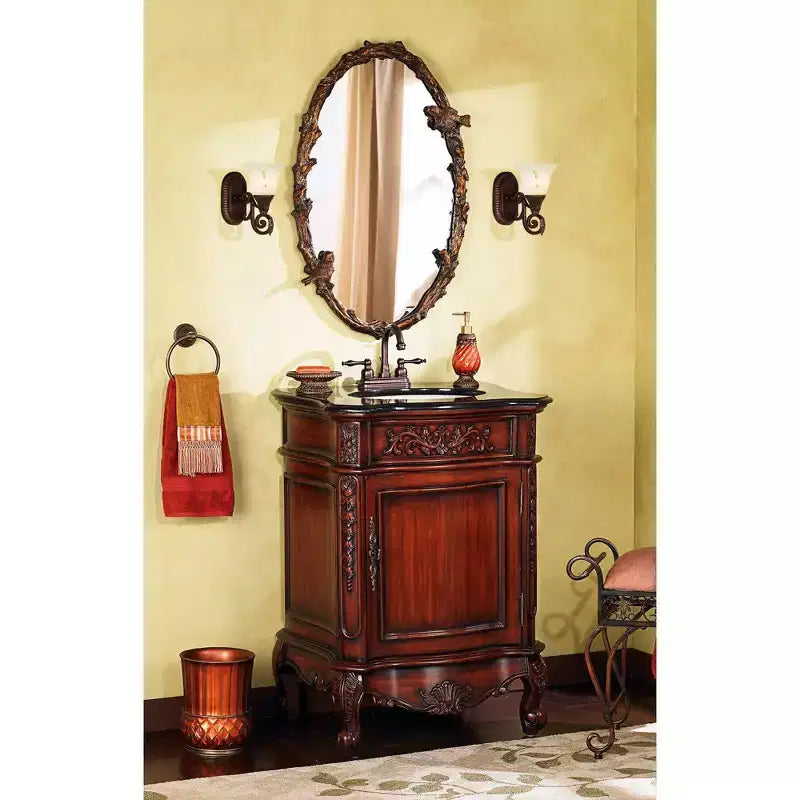 Miroir mural ovale, cadre en fer gris et feuille d'or antique, motif oiseaux amoureux et vignes, 23"x34"