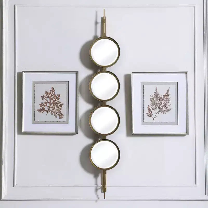 Miroir mural contemporain avec boutons, cadre en fer feuille d'or, 4 verres biseautés ronds, 25,4 x 152,4 cm