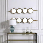 Miroir mural contemporain avec boutons, cadre en fer feuille d'or, 4 verres biseautés ronds, 25,4 x 152,4 cm