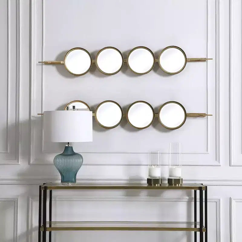 Miroir mural contemporain avec boutons, cadre en fer feuille d'or, 4 verres biseautés ronds, 25,4 x 152,4 cm